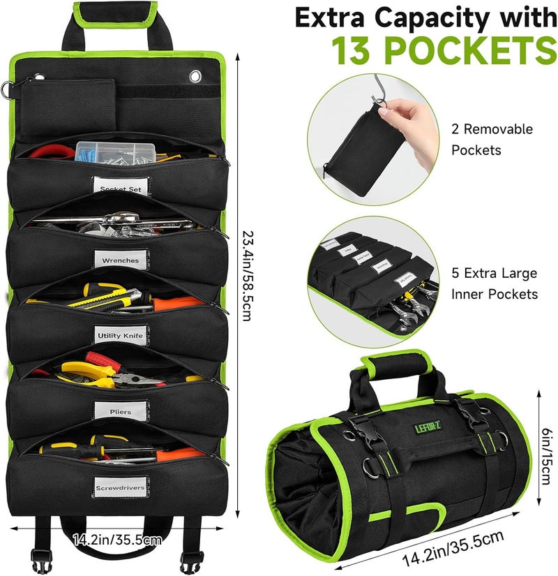 LEFORZ Tool Bag,Large Roll Up Tool Bag Organizer,13 Pockets Tool Roll Storage Pouch,Heavy Duty Portable Tool Storage Carrier Bag for Men,Mechanic,Electrician & Hobbyist,Black/Green - Image 3